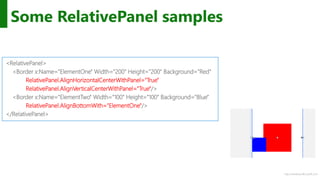 http://windows.Microsoft.com
Some RelativePanel samples
<RelativePanel>
<Border x:Name="ElementOne" Width="200" Height="200" Background="Red"
RelativePanel.AlignHorizontalCenterWithPanel="True"
RelativePanel.AlignVerticalCenterWithPanel="True"/>
<Border x:Name="ElementTwo" Width="100" Height="100" Background="Blue"
RelativePanel.AlignBottomWith="ElementOne"/>
</RelativePanel>
 