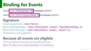 http://windows.Microsoft.com
Binding for Events
<Button Click="PokeEmployee">Poke Employee</Button>
<Button Click="{x:Bind Employee.Poke}">Poke Employee</Button>
Signature
Have no parameters - void Poke()
Match event parameters - void Poke(object sender, RoutedEventArgs e)
Match event base types - void Poke(object sender, object e)
Overloading is not supported
Because all events are eligible:
This may replace ICommand & EventToCommand
Note: this does not include parameter or CanExecute
 