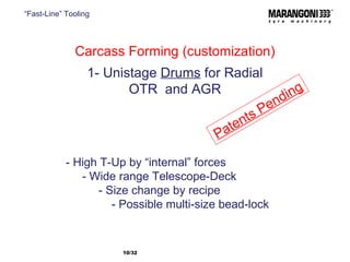 Carcass Forming (customization) 1- Unistage  Drums  for Radial OTR  and AGR - High T-Up by “internal” forces -  Wide range Telescope-Deck - Size change by recipe - Possible multi-size bead-lock Patents Pending “ Fast-Line” Tooling /32  