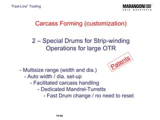 Carcass Forming (customization) 2 – Special Drums for Strip-winding Operations for large OTR - Multisize range (width and dia.) - Auto width / dia. set-up - Facilitated carcass handling - Dedicated Mandrel-Turretts - Fast Drum change / no need to reset Patents “ Fast-Line” Tooling /32  