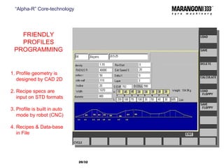 FRIENDLY PROFILES PROGRAMMING 1. Profile geometry is designed by CAD 2D 2. Recipe specs are input on STD formats 3. Profile is built in auto mode by robot (CNC) 4. Recipes & Data-base in File “ Alpha-R” Core-technology /32  