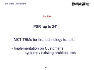  for the   PSR  up to 24” - MKT TBMs for tire technology transfer  - Implementation on Customer’s  systems / existing architectures Tire Sizes / Equipment /32 