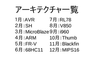 アーキテクチャ一覧
１月：AVR ７月：RL78
２月：SH ８月：V850
３月：MicroBlaze９月：i960
４月：ARM 10月：Thumb
５月：FR-V 11月：Blackfin
６月：68HC11 12月：MIPS16
 
