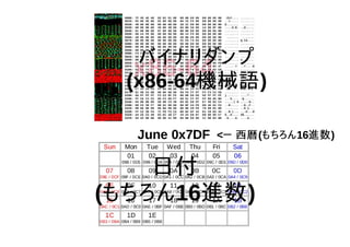 バイナリダンプ
(x86-64機械語)
日付
(もちろん16進数)
<－ 西暦(もちろん16進数)
 