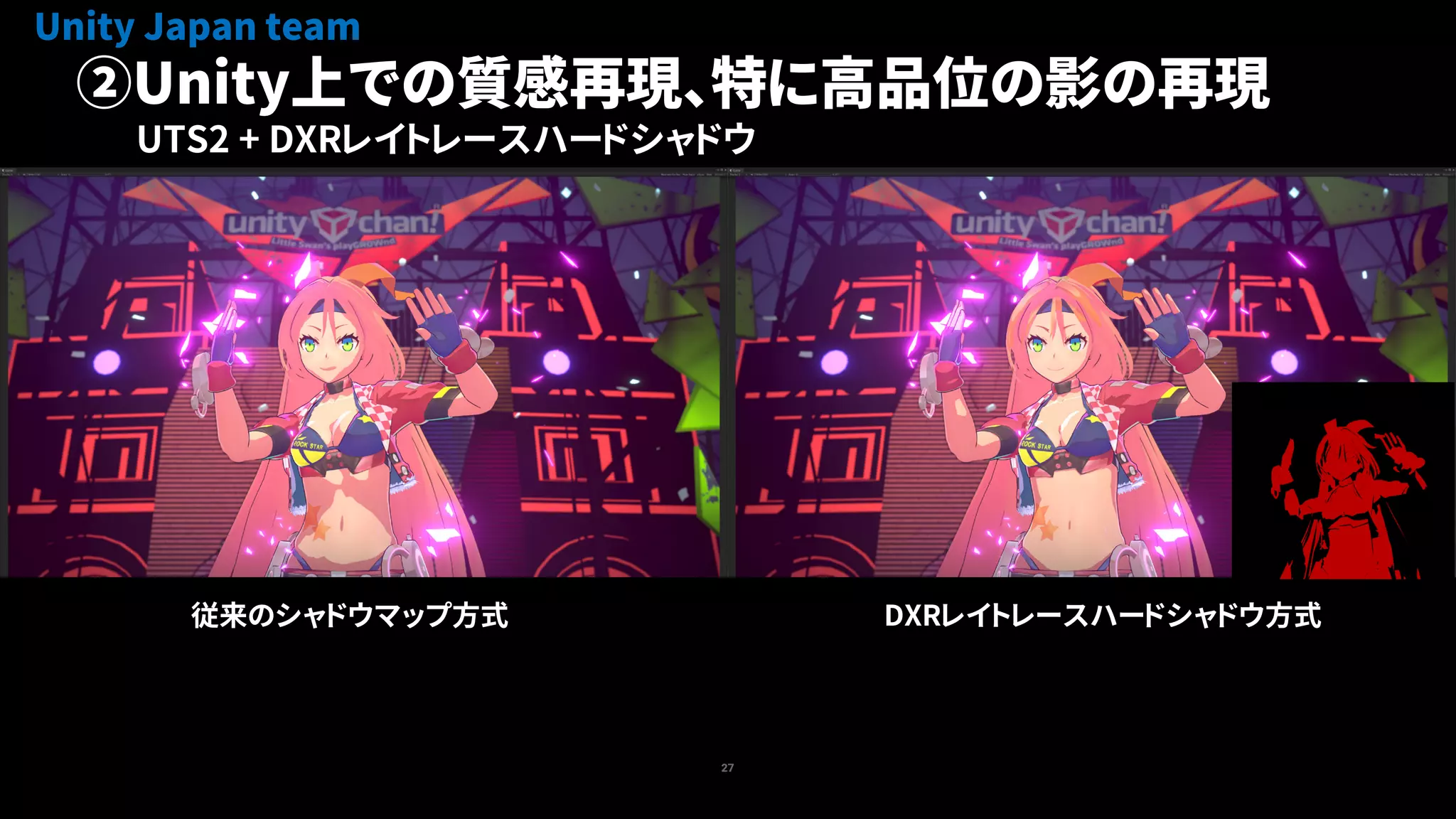 27
②Unity上での質感再現、特に高品位の影の再現
Unity Japan team
従来のシャドウマップ方式 DXRレイトレースハードシャドウ方式
UTS2 + DXRレイトレースハードシャドウ
 