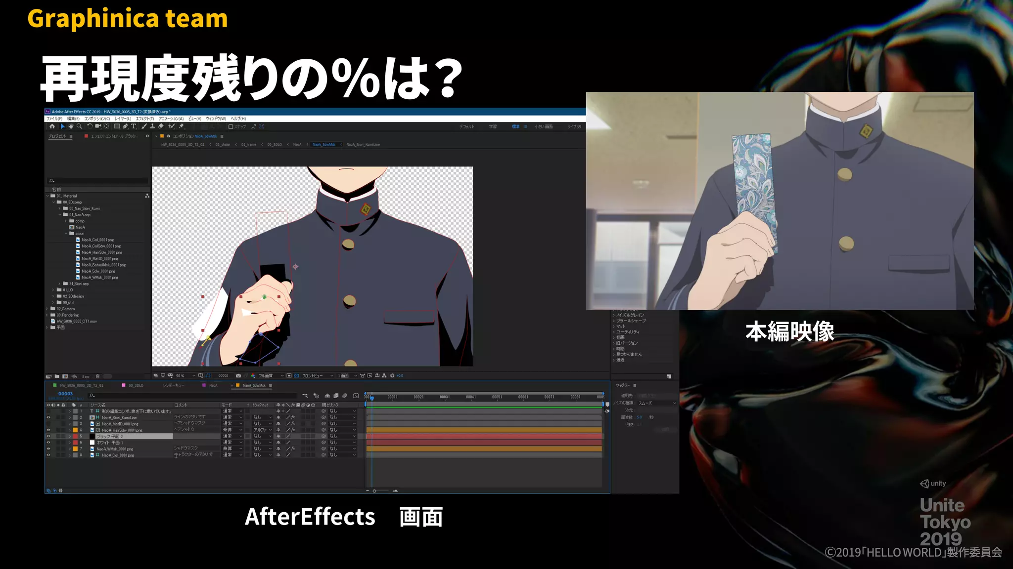 再現度残りの％は？
本編映像
Graphinica team
Ⓒ2019「HELLOWORLD」製作委員会
AfterEffects 画面
 
