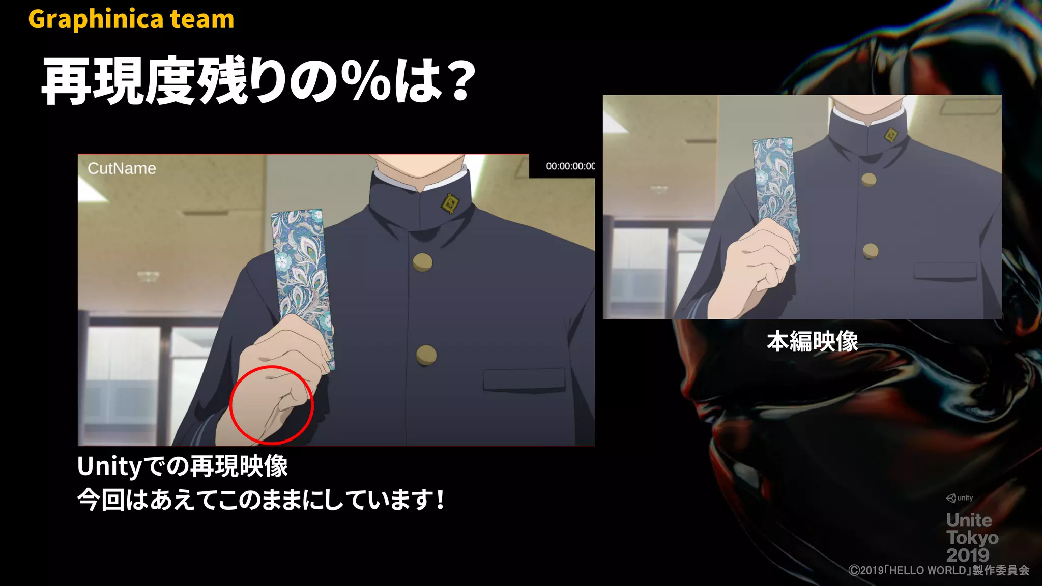Unityでの再現映像
今回はあえてこのままにしています！
本編映像
再現度残りの％は？
Graphinica team
Ⓒ2019「HELLO WORLD」製作委員会
 