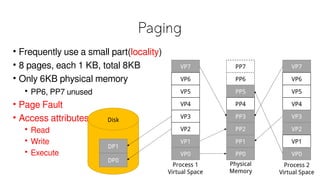 Paging
• Frequently use a small part(locality)
• 8 pages, each 1 KB, total 8KB
• Only 6KB physical memory
• PP6, PP7 unuse...