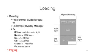 Loading
• Overlay
Programmer divided progra
m
Implement Overlay Manager
Ex.
Three modules: main, A, B
main → 1024 byt...
