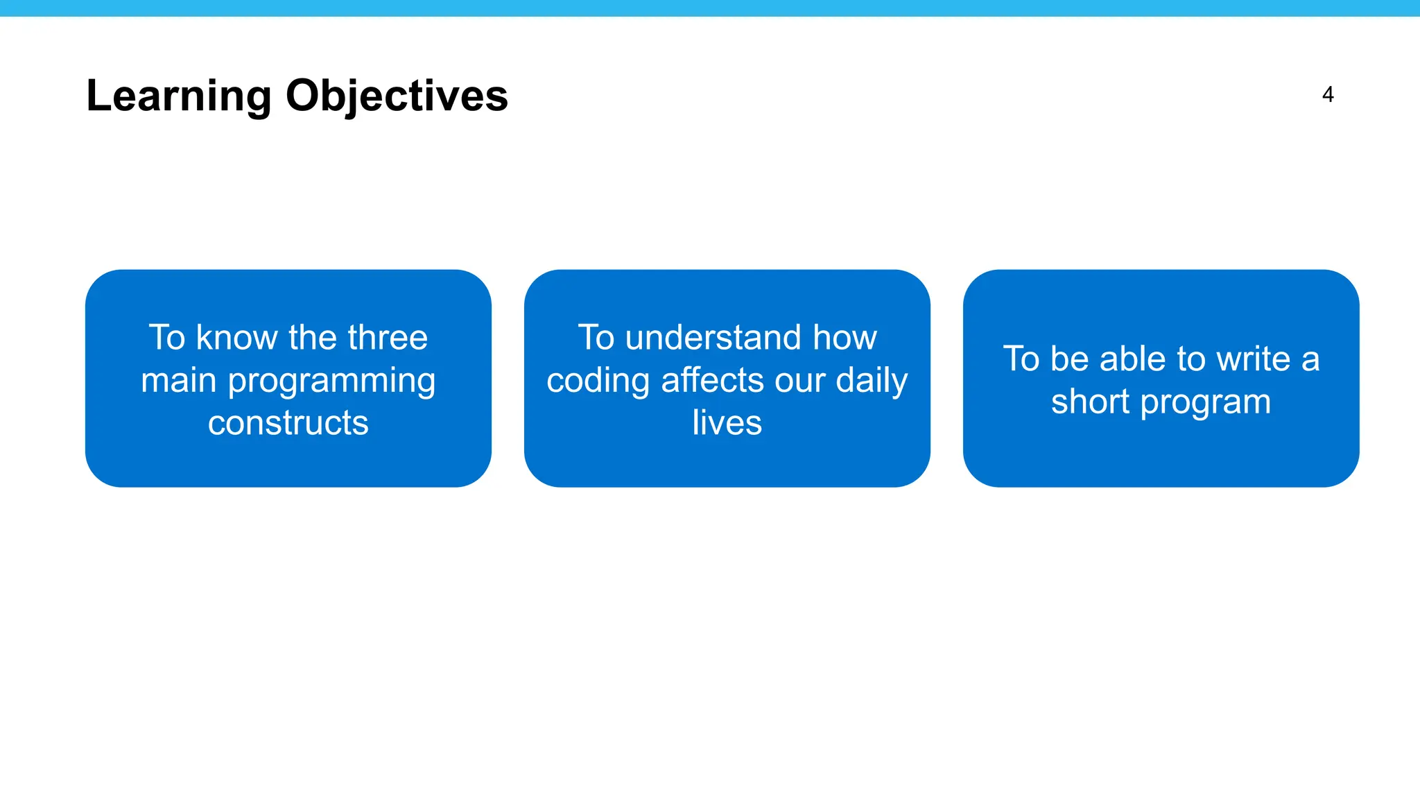 4
Learning Objectives
To know the three
main programming
constructs
To be able to write a
short program
To understand how
coding affects our daily
lives
 