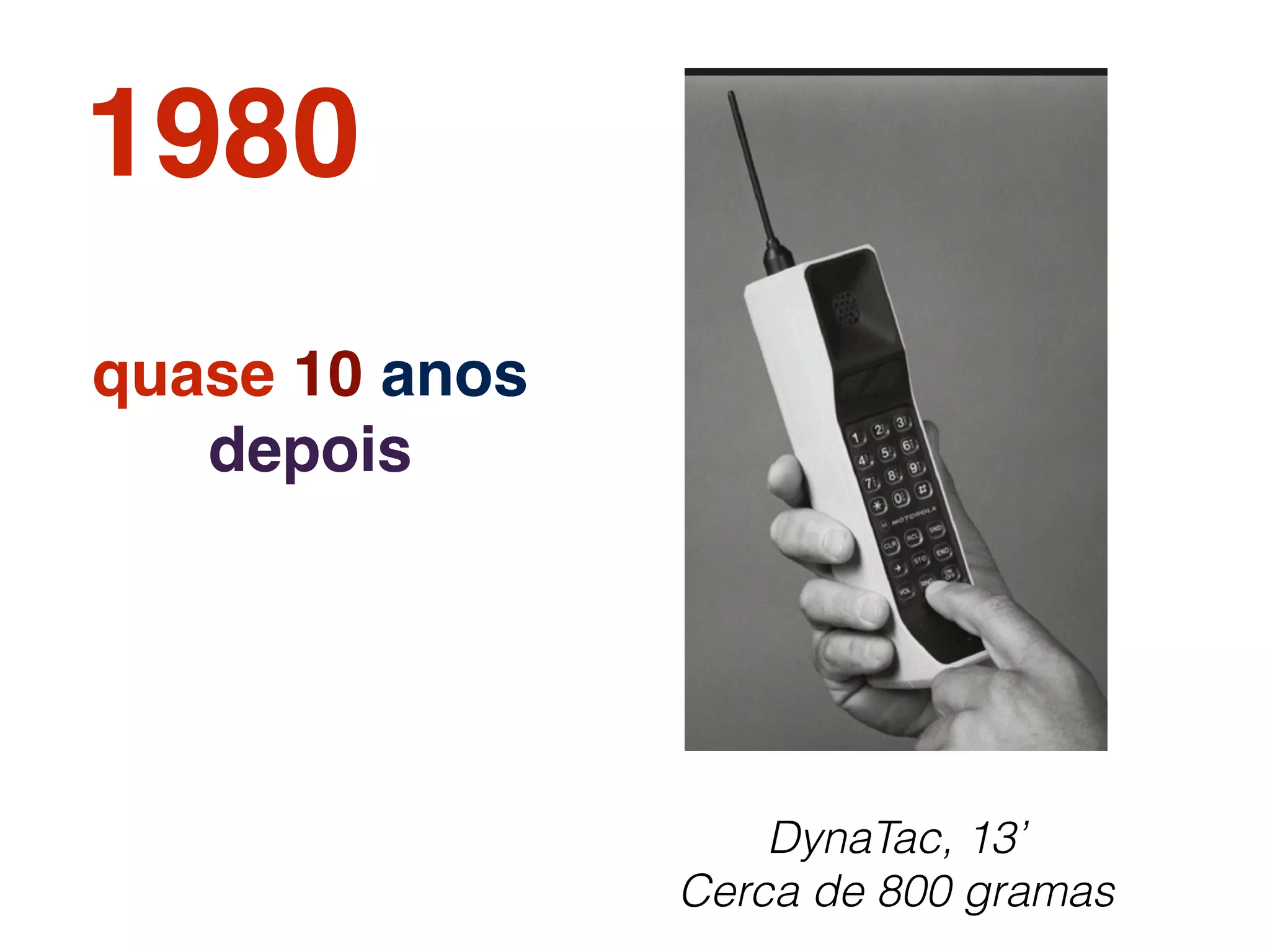 1980
quase 10 anos
depois
DynaTac, 13’
Cerca de 800 gramas
 