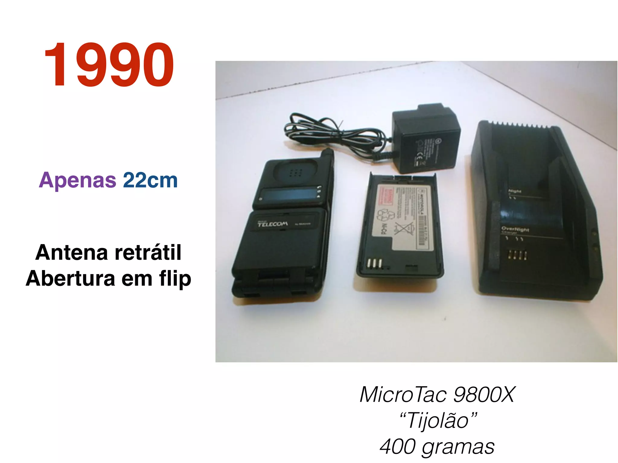1990
MicroTac 9800X
“Tijolão”
400 gramas
Apenas 22cm
Antena retrátil
Abertura em ﬂip
 