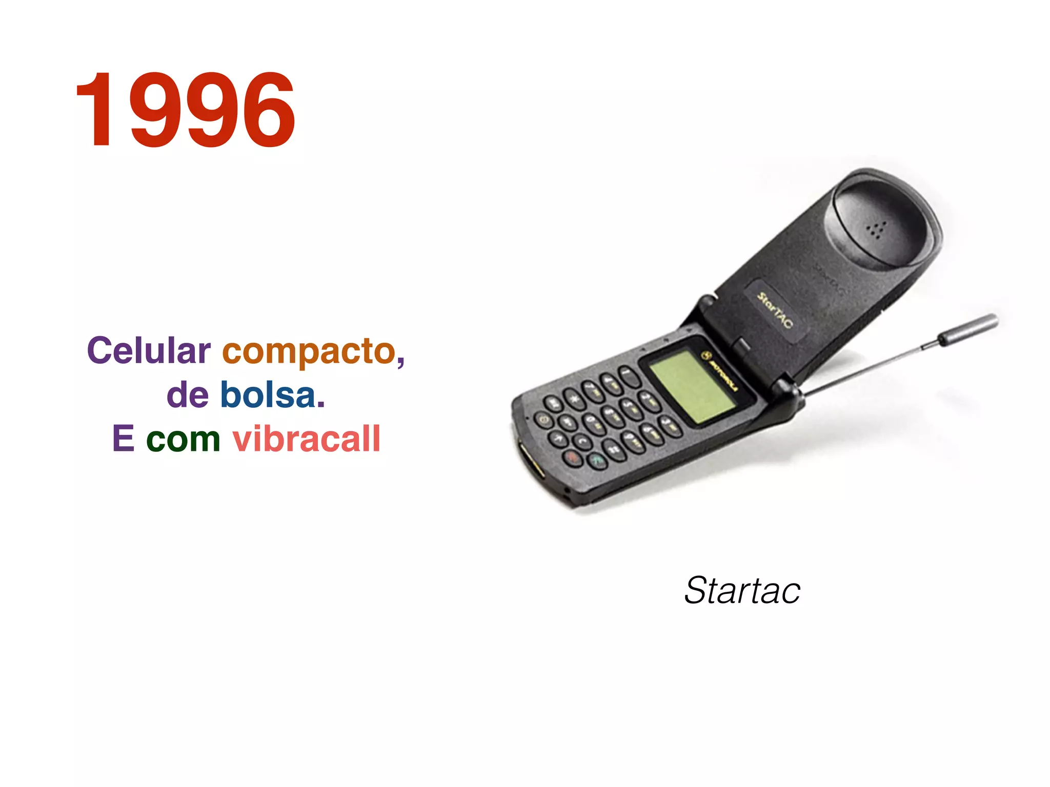 1996
Startac
Celular compacto,
de bolsa.
E com vibracall
 
