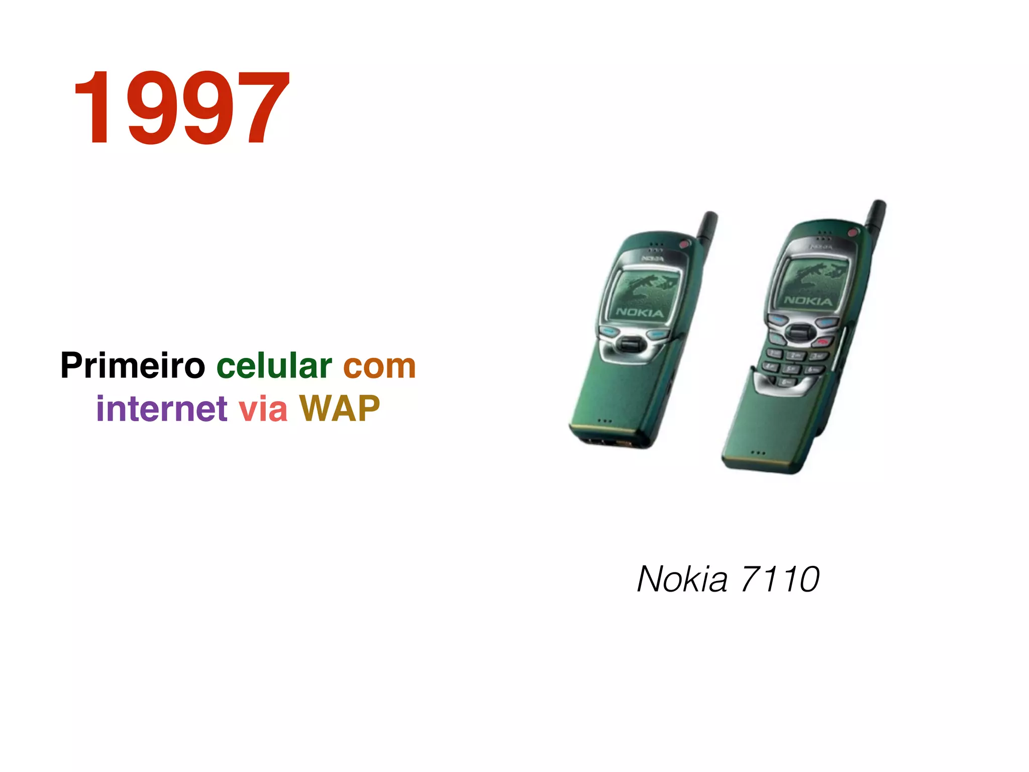 1997
Nokia 7110
Primeiro celular com
internet via WAP
 