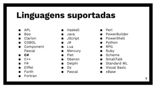 Linguagens suportadas
▪ APL
▪ Boo
▪ Clarion
▪ COBOL
▪ Component
Pascal
▪ C#
▪ C++
▪ F#
▪ Eiffel
▪ Forth
▪ Fortran
7
▪ Haskell
▪ Java
▪ JScript
▪ J#
▪ Lua
▪ Mercury
▪ Piet
▪ Oberon
▪ Delphi
▪ Oz
▪ Pascal
▪ Perl
▪ PowerBuilder
▪ PowerShell
▪ Python
▪ RPG
▪ Ruby
▪ Scheme
▪ SmallTalk
▪ Standard ML
▪ Visual Basic
▪ xBase
 