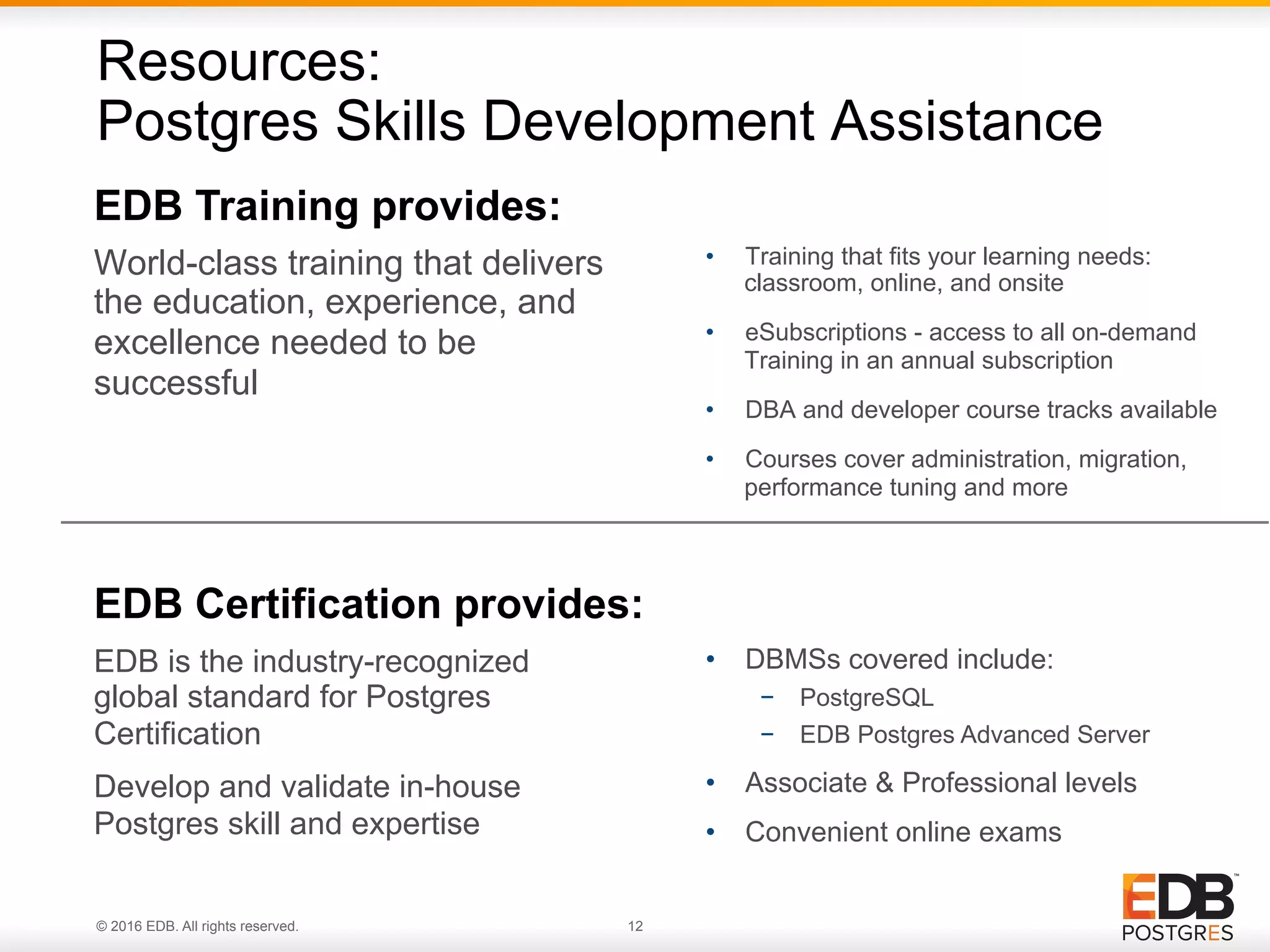 © 2016 EDB. All rights reserved. 12 Resources: Postgres Skills Development Assistance World-class training that delivers the education, experience, and excellence needed to be successful •  Training that fits your learning needs: classroom, online, and onsite •  eSubscriptions - access to all on-demand Training in an annual subscription •  DBA and developer course tracks available •  Courses cover administration, migration, performance tuning and more EDB is the industry-recognized global standard for Postgres Certification Develop and validate in-house Postgres skill and expertise •  DBMSs covered include: −  PostgreSQL −  EDB Postgres Advanced Server •  Associate & Professional levels •  Convenient online exams EDB Training provides: EDB Certification provides: 