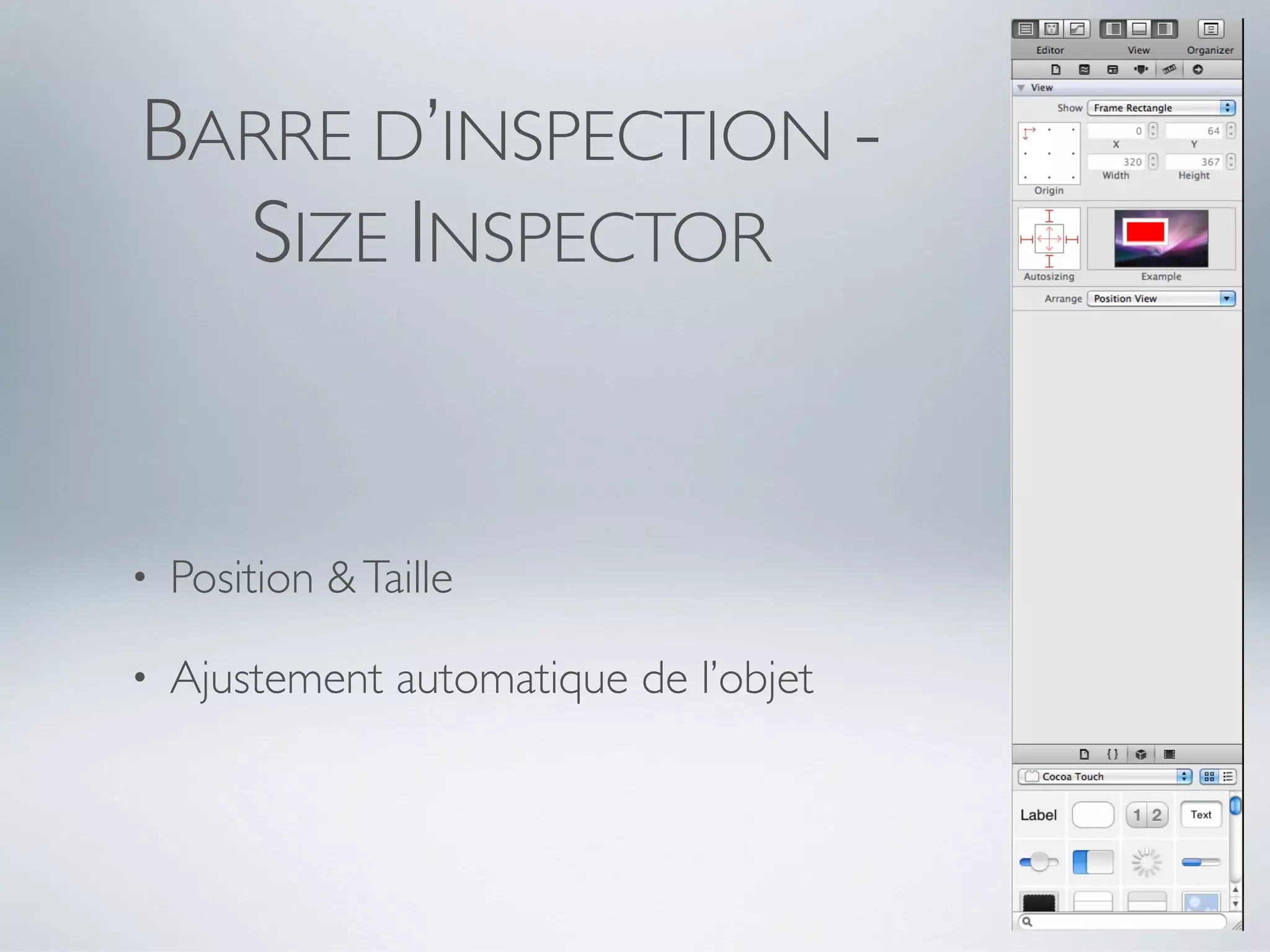BARRE D’INSPECTION -
  SIZE INSPECTOR


•   Position & Taille

•   Ajustement automatique de l’objet
 