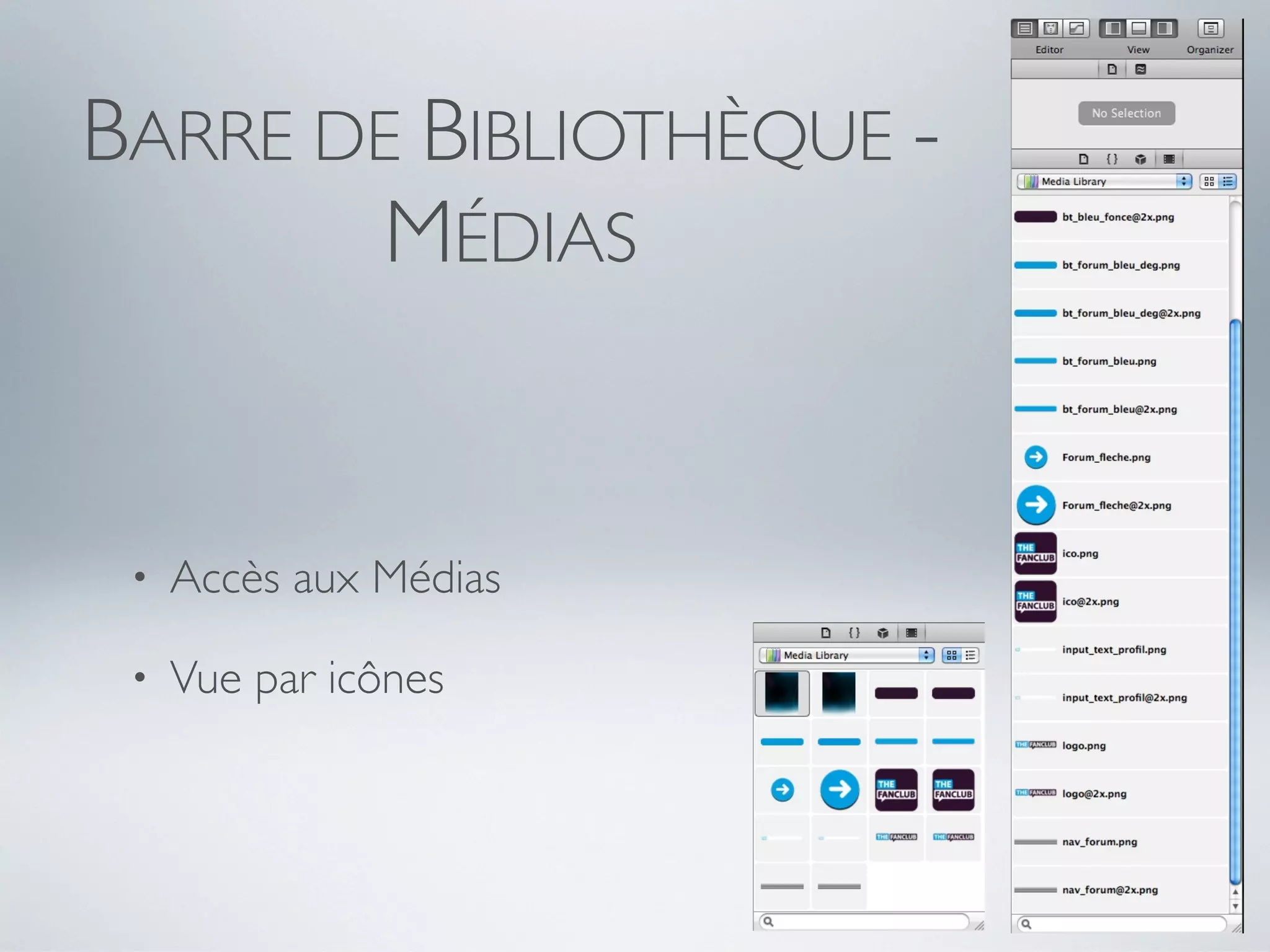 BARRE DE BIBLIOTHÈQUE -
        MÉDIAS


 •   Accès aux Médias

 •   Vue par icônes
 