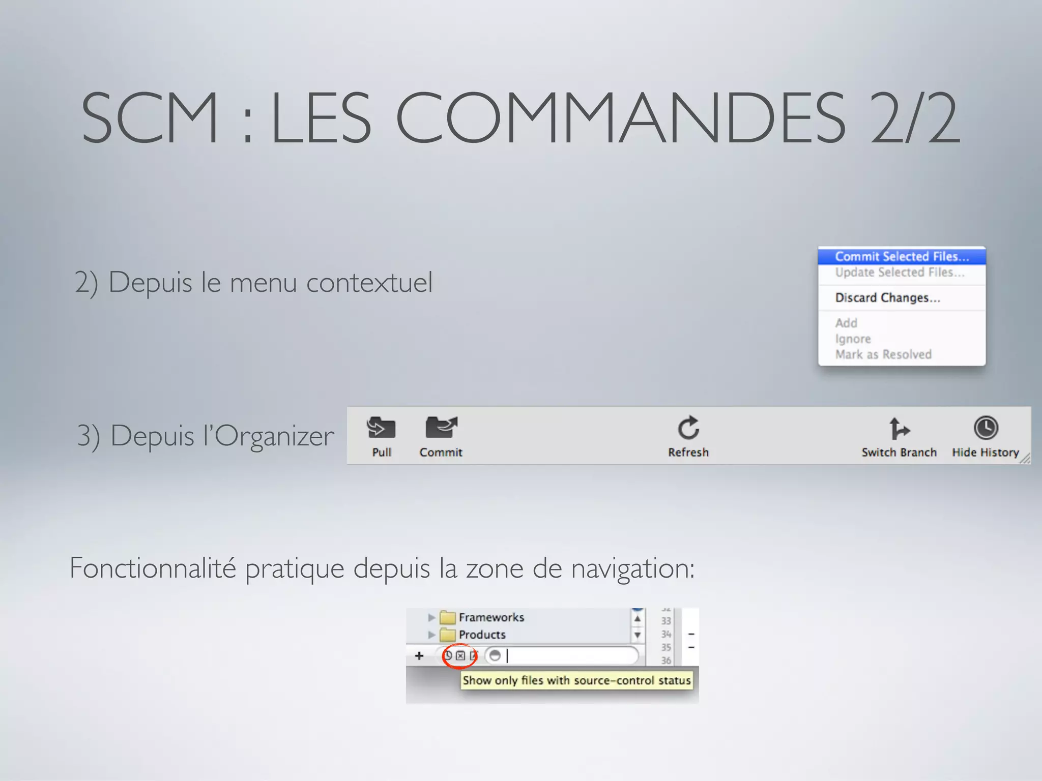 SCM : LES COMMANDES 2/2

2) Depuis le menu contextuel




3) Depuis l’Organizer



Fonctionnalité pratique depuis la zone de navigation:
 