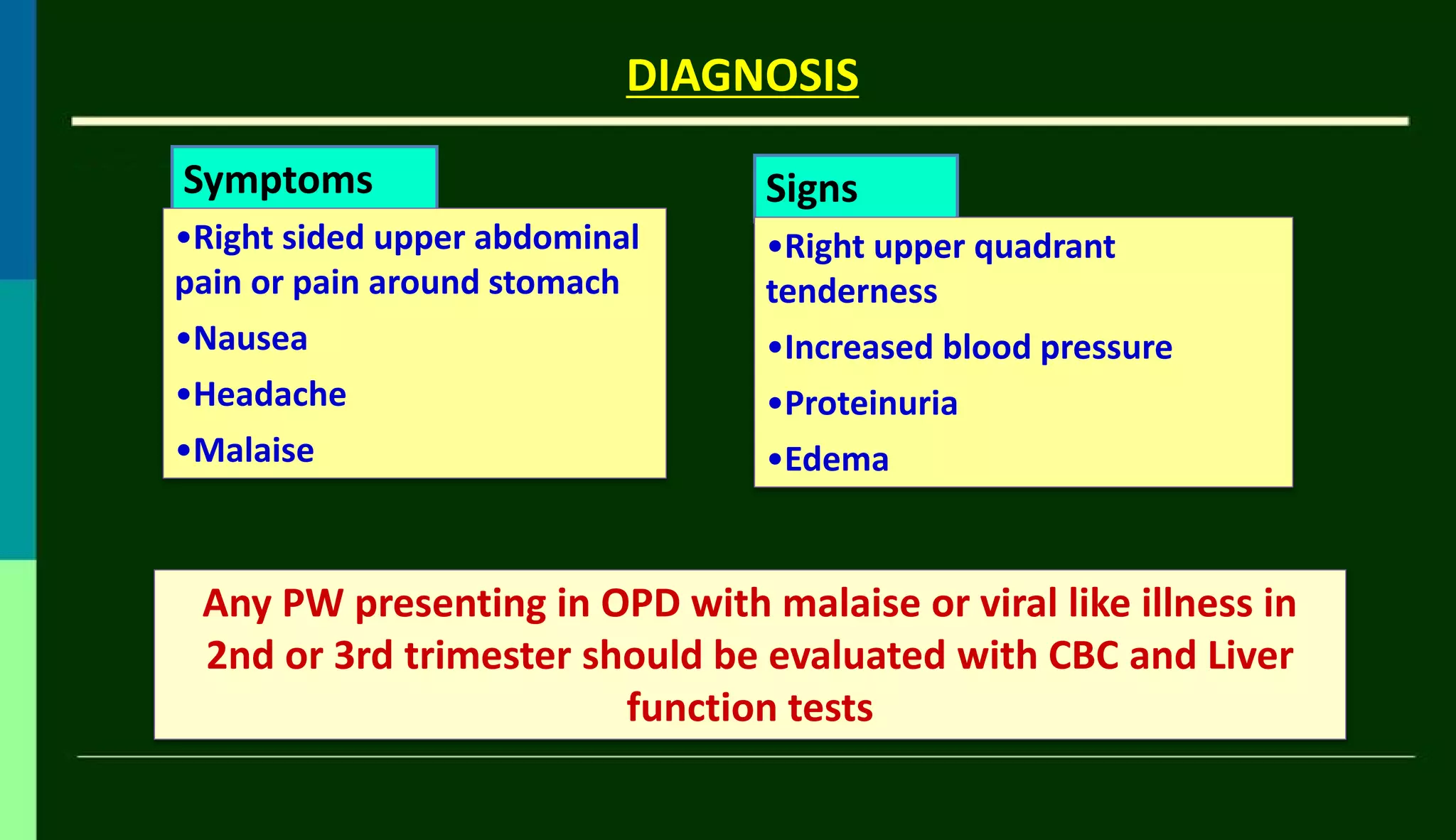DIAGNOSIS
Symptoms
•Right sided upper abdominal
pain or pain around stomach
•Nausea
•Headache
•Malaise
Signs
•Right upper quadrant
tenderness
•Increased blood pressure
•Proteinuria
•Edema
Any PW presenting in OPD with malaise or viral like illness in
2nd or 3rd trimester should be evaluated with CBC and Liver
function tests
 