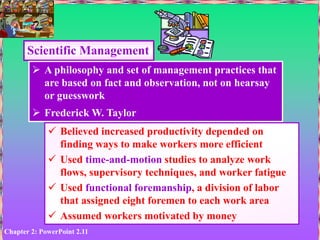 Chapter 2: PowerPoint 2.11
Scientific Management
 A philosophy and set of management practices that
are based on fact and observation, not on hearsay
or guesswork
 Frederick W. Taylor
 Believed increased productivity depended on
finding ways to make workers more efficient
 Used time-and-motion studies to analyze work
flows, supervisory techniques, and worker fatigue
 Used functional foremanship, a division of labor
that assigned eight foremen to each work area
 Assumed workers motivated by money
 