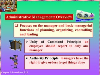 Chapter 2: PowerPoint 2.15
Administrative Management: Overview
 Focuses on the manager and basic managerial
functions of planning, organizing, controlling
and leading
 Unity of Command Principle: an
employee should report to only one
manager
 Authority Principle: managers have the
right to give orders to get things done
 