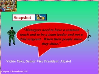 Chapter 2: PowerPoint 2.18
“Managers need to have a common
touch and to be a team leader and not a
drill sergeant. When their people shine,
they shine.”
Vickie Yoke, Senior Vice President, Alcatel
Snapshot
 