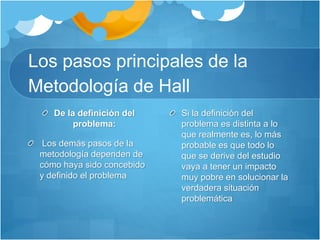 Los pasos principales de la 
Metodología de Hall 
De la definición del 
problema: 
Los demás pasos de la 
metodología dependen de 
cómo haya sido concebido 
y definido el problema 
Si la definición del 
problema es distinta a lo 
que realmente es, lo más 
probable es que todo lo 
que se derive del estudio 
vaya a tener un impacto 
muy pobre en solucionar la 
verdadera situación 
problemática 
 