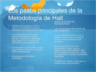 Los pasos principales de la 
Metodología de Hall 
Existen dos formas en cómo 
nacen los problemas que son 
resueltos con sistemas técnicos: 
a) La búsqueda en el medio 
ambiente de nuevas ideas, 
teorías, métodos, y materiales, 
para luego buscar formas de 
utilizarlos en la organización. 
b) Estudiar la organización actual 
y sus operaciones para detectar y 
definir necesidades 
(Investigación del Medio 
Ambiente) 
INVESTIGACIÓN DE 
NECESIDADES 
Las necesidades caen dentro de 
tres categorías. 
a) Incrementar la función de un 
sistema. Hacer que un sistema 
realice mas funciones de las 
actuales. 
b) Incrementar el nivel de 
desempeño. Hacer que un 
sistema sea más confiable. Más 
fácil de operar y mantener, capaz 
de adaptarse a niveles estándares 
más altos. 
c) Disminuir costos, hacer que un 
sistema sea más eficiente. 
 