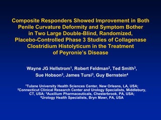 Composite Responders Showed Improvement in Both
Penile Curvature Deformity and Symptom Bother
in Two Large Double-Blind, Randomized,
Placebo-Controlled Phase 3 Studies of Collagenase
Clostridium Histolyticum in the Treatment
of Peyronie’s Disease
Wayne JG Hellstrom1, Robert Feldman2, Ted Smith3,
Sue Hobson3, James Tursi3, Guy Bernstein4
1Tulane University Health Sciences Center, New Orleans, LA, USA;
2Connecticut Clinical Research Center and Urology Specialists, Middlebury,
CT, USA; 3Auxilium Pharmaceuticals, Chesterbrook, PA, USA;
4Urology Health Specialists, Bryn Mawr, PA, USA
 