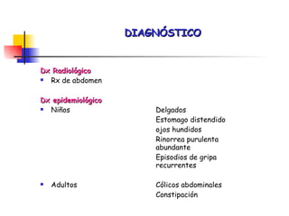 Dx Radiológico Rx de abdomen Dx epidemiológico Niños Delgados Estomago distendido ojos hundidos Rinorrea purulenta  abundante Episodios de gripa  recurrentes Adultos Cólicos abdominales Constipación DIAGNÓSTICO 