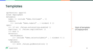 Copyright © SUSE 2021 22
Templates
apiVersion: apps/v1
kind: Deployment
metadata:
name: {{ include "demo.fullname" . }}
labels:
{{- include "demo.labels" . | nindent 4 }}
spec:
{{- if not .Values.autoscaling.enabled }}
replicas: {{ .Values.replicaCount }}
{{- end }}
selector:
matchLabels:
{{- include "demo.selectorLabels" . | nindent 6 }}
template:
metadata:
{{- with .Values.podAnnotations }}
...
Start of template
of Deployment
 