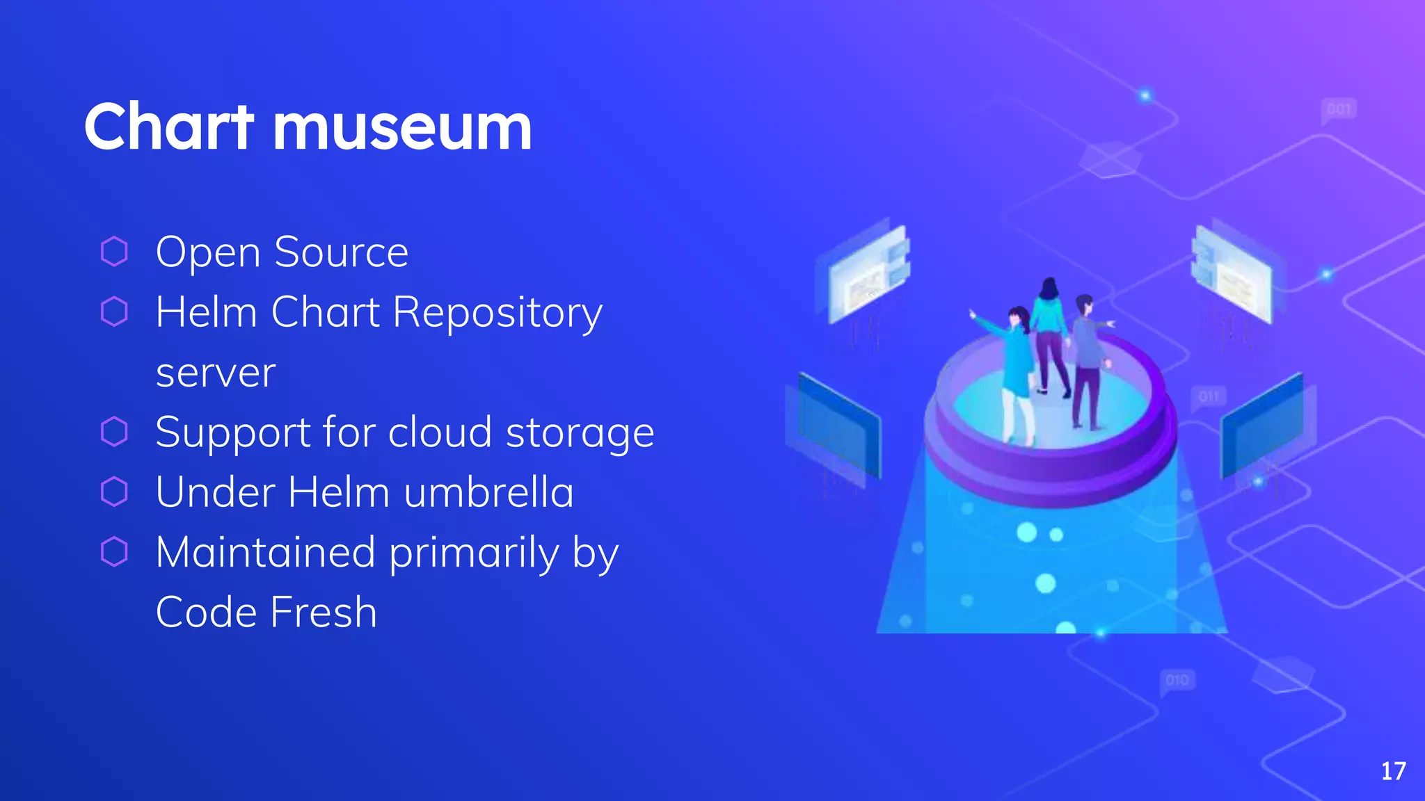Chart museum
⬡ Open Source
⬡ Helm Chart Repository
server
⬡ Support for cloud storage
⬡ Under Helm umbrella
⬡ Maintained primarily by
Code Fresh
17
 