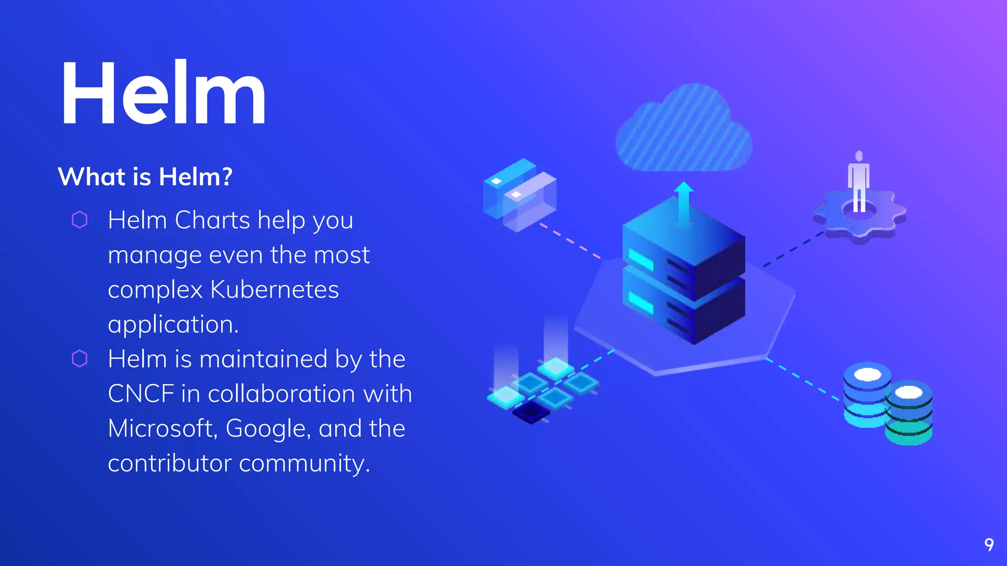 Helm
What is Helm?
⬡ Helm Charts help you
manage even the most
complex Kubernetes
application.
⬡ Helm is maintained by the
CNCF in collaboration with
Microsoft, Google, and the
contributor community.
9
 