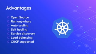 ⬡ Open Source
⬡ Run anywhere
⬡ Auto scaling
⬡ Self healing
⬡ Service discovery
⬡ Load balancing
⬡ CNCF supported
Advantages
6
 