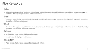 Five Keywords
helm
– While Helm is the name of the project, the command line client is also named helm. By convention, when speaking of the project, Helm is
capitalized. When speaking of the client, helm is in lowercase.
Tiller
– Tiller is the Helm server. It interacts directly with the Kubernetes API server to install, upgrade, query, and remove Kubernetes resources. It
is installed in the Kubernetes cluster.
Chart
– It contains all of the resource definitions necessary to run an application, tool, or service inside of a Kubernetes cluster. A chart is basically a
package of pre-configured Kubernetes resources.
Release
– An instance of a chart running in a Kubernetes cluster
– Same chart can be deployed multiple time
Repository
– Place where charts reside and can be shared with others
11
 