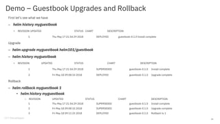 Demo – Guestbook Upgrades and Rollback
First let’s see what we have
– helm history myguestbook
• REVISION UPDATED STATUS CHART DESCRIPTION
1 Thu May 17 21:54:29 2018 DEPLOYED guestbook-0.1.0 Install complete
Upgrade
– helm upgrade myguestbook helm101/guestbook
– helm history myguestbook
• REVISION UPDATED STATUS CHART DESCRIPTION
1 Thu May 17 21:54:29 2018 SUPERSEDED guestbook-0.1.0 Install complete
2 Fri May 18 09:08:10 2018 DEPLOYED guestbook-0.1.0 Upgrade complete
Rollback
– helm rollback myguestbook 1
• helm history myguestbook
– REVISION UPDATED STATUS CHART DESCRIPTION
1 Thu May 17 21:54:29 2018 SUPERSEDED guestbook-0.1.0 Install complete
2 Fri May 18 09:08:10 2018 SUPERSEDED guestbook-0.1.0 Upgrade complete
3 Fri May 18 09:11:25 2018 DEPLOYED guestbook-0.1.0 Rollback to 1
14
 