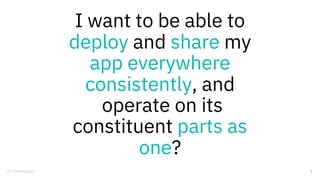 I want to be able to
deploy and share my
app everywhere
consistently, and
operate on its
constituent parts as
one?
2
 