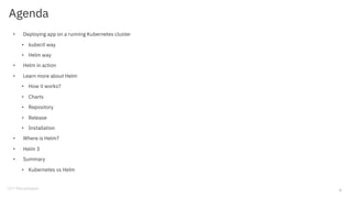 Agenda
• Deploying app on a running Kubernetes cluster
• kubectl way
• Helm way
• Helm in action
• Learn more about Helm
• How it works?
• Charts
• Repository
• Release
• Installation
• Where is Helm?
• Helm 3
• Summary
• Kubernetes vs Helm
3
 
