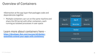 Overview of Containers
•Abstraction at the app layer that packages code and
dependencies together
• Multiple containers can run on the same machine and
share the OS kernel with other containers, each
running as isolated processes in user space
Learn more about containers here -
https://developer.ibm.com/courses/all/docker-
essentials-extend-your-apps-with-containers/
43
 