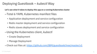 Deploying Guestbook – kubectl Way
Let’s see what it takes to deploy this app on a running Kubernetes cluster
–Total 6 YAML Kubernetes manifest files
• Application deployment and service configuration
• Redis master deployment and service configuration
• Redis slaves deployment and service configuration
–Using the Kubernetes client, kubectl
• Create Deployment
• Manage Deployment
– Check out files at: https://github.com/IBM/guestbook/tree/master/v1
5
 