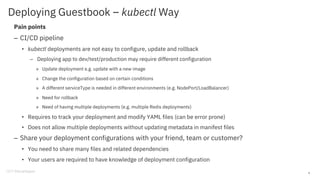 Deploying Guestbook – kubectl Way
Pain points
– CI/CD pipeline
• kubectl deployments are not easy to configure, update and rollback
– Deploying app to dev/test/production may require different configuration
» Update deployment e.g. update with a new image
» Change the configuration based on certain conditions
» A different serviceType is needed in different environments (e.g. NodePort/LoadBalancer)
» Need for rollback
» Need of having multiple deployments (e.g. multiple Redis deployments)
• Requires to track your deployment and modify YAML files (can be error prone)
• Does not allow multiple deployments without updating metadata in manifest files
– Share your deployment configurations with your friend, team or customer?
• You need to share many files and related dependencies
• Your users are required to have knowledge of deployment configuration
6
 