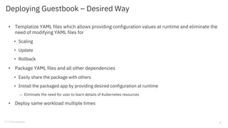 Deploying Guestbook – Desired Way
• Templatize YAML files which allows providing configuration values at runtime and eliminate the
need of modifying YAML files for
• Scaling
• Update
• Rollback
• Package YAML files and all other dependencies
• Easily share the package with others
• Install the packaged app by providing desired configuration at runtime
– Eliminate the need for user to learn details of Kubernetes resources
• Deploy same workload multiple times
7
 