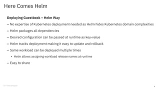 Here Comes Helm
Deploying Guestbook – Helm Way
– No expertise of Kubernetes deployment needed as Helm hides Kubernetes domain complexities
– Helm packages all dependencies
– Desired configuration can be passed at runtime as key-value
– Helm tracks deployment making it easy to update and rollback
– Same workload can be deployed multiple times
• Helm allows assigning workload release names at runtime
– Easy to share
8
 