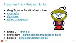Presenter Info + Relevant Links
24
● Greg Taylor -- Reddit Infrastructure
● /u/gctaylor
● @gctaylor
● github.com/gtaylor
●...
