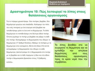 Δραστηριότητα 10: Πώς λειτουργεί το λίπος στους
θαλάσσιους οργανισμούς
Για το πείραμα χρειαστήκαμε δύο ποτήρια, βαμβάκι, δύο
θερμόμετρα ψυγείων και ελαιόλαδο. Καλύψαμε τον πάτο
του ενός ποτηριού με ένα στρώμα από βαμβάκι και
τοποθετήσαμε μέσα το ένα από τα θερμόμετρα. Το άλλο
θερμόμετρο το τοποθετήσαμε στο δεύτερο άδειο ποτήρι.
Έπειτα γεμίσαμε το ποτήρι με βαμβάκι και ρίξαμε το λάδι
στο ποτήρι. Καταγράψαμε τη θερμοκρασία που έδειχνε το
θερμόμετρο (17 βαθμοί Κελσίου). Βάλαμε τα ποτήρια με τα
θερμόμετρα στον καταψύκτη. Μετά από δέκα (10) λεπτά
καταγράψαμε τη θερμοκρασία που έδειχνε το κάθε
θερμόμετρο. Διαπιστώσαμε ότι η θερμοκρασία στο ποτήρι
με το βαμβάκι και το λάδι παρέμεινε η ίδια ενώ στο άδειο
ποτήρι η θερμοκρασία βρισκόταν στους 13 βαθμούς
κελσίου.
Θεματική Ενότητα 2:
Μαθαίνω με πειράματα
Το λίπος βοηθάει στο να
συγκρατεί τη θερμότητα και να
εμποδίζει την απώλεια
θερμότητας από τους
θαλάσσιους οργανισμούς
προς το κρύο νερό που την
περιβάλλει.
 