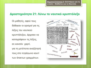 Οι μαθητές, αφού τους
δόθηκαν οι ορισμοί για τις
λέξεις του ναυτικού
κρυπτόλεξου, άρχισαν να
καταγράφουν τις λέξεις,
σε κανσόν χαρτί,
για τη μετέπειτα αναζήτησή
τους στο τετράγωνο κουτί
των άτακτων γραμμάτων.
Δραστηριότητα 21: Λύνω το ναυτικό κρυπτόλεξο
Θεματική Ενότητα 4: «Σαλπάρω» για τη
γνώση – Μαθαίνω για τη Ναυτιλία
 