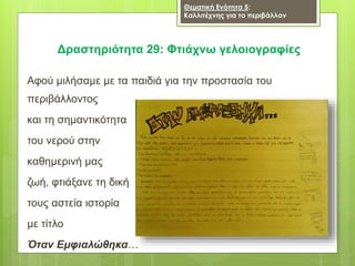 Αφού μιλήσαμε με τα παιδιά για την προστασία του
περιβάλλοντος
και τη σημαντικότητα
του νερού στην
καθημερινή μας
ζωή, φτιάξανε τη δική
τους αστεία ιστορία
με τίτλο
Όταν Εμφιαλώθηκα…
Δραστηριότητα 29: Φτιάχνω γελοιογραφίες
Θεματική Ενότητα 5:
Καλλιτέχνης για το περιβάλλον
 