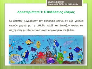Δραστηριότητα 1: Ο θαλάσσιος κόσμος
Οι μαθητές ζωγράφισαν τον θαλάσσιο κόσμο σε δύο γαλάζια
κανσόν χαρτιά με τη μέθοδο κολάζ και έφτιαξαν ακόμη και
στιχομυθίες μεταξύ των ζωντανών οργανισμών του βυθού.
Θεματική Ενότητα1:
Εξερευνώ το θαλάσσιο περιβάλλον
 