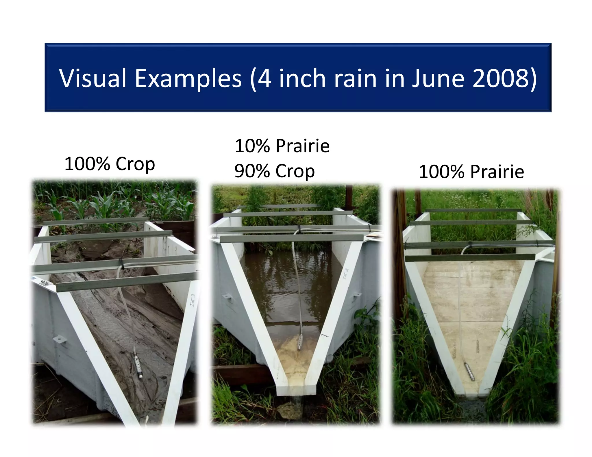 Visual Examples (4 inch rain in June 2008)
100% Crop 100% Prairie
10% Prairie
90% Crop
 